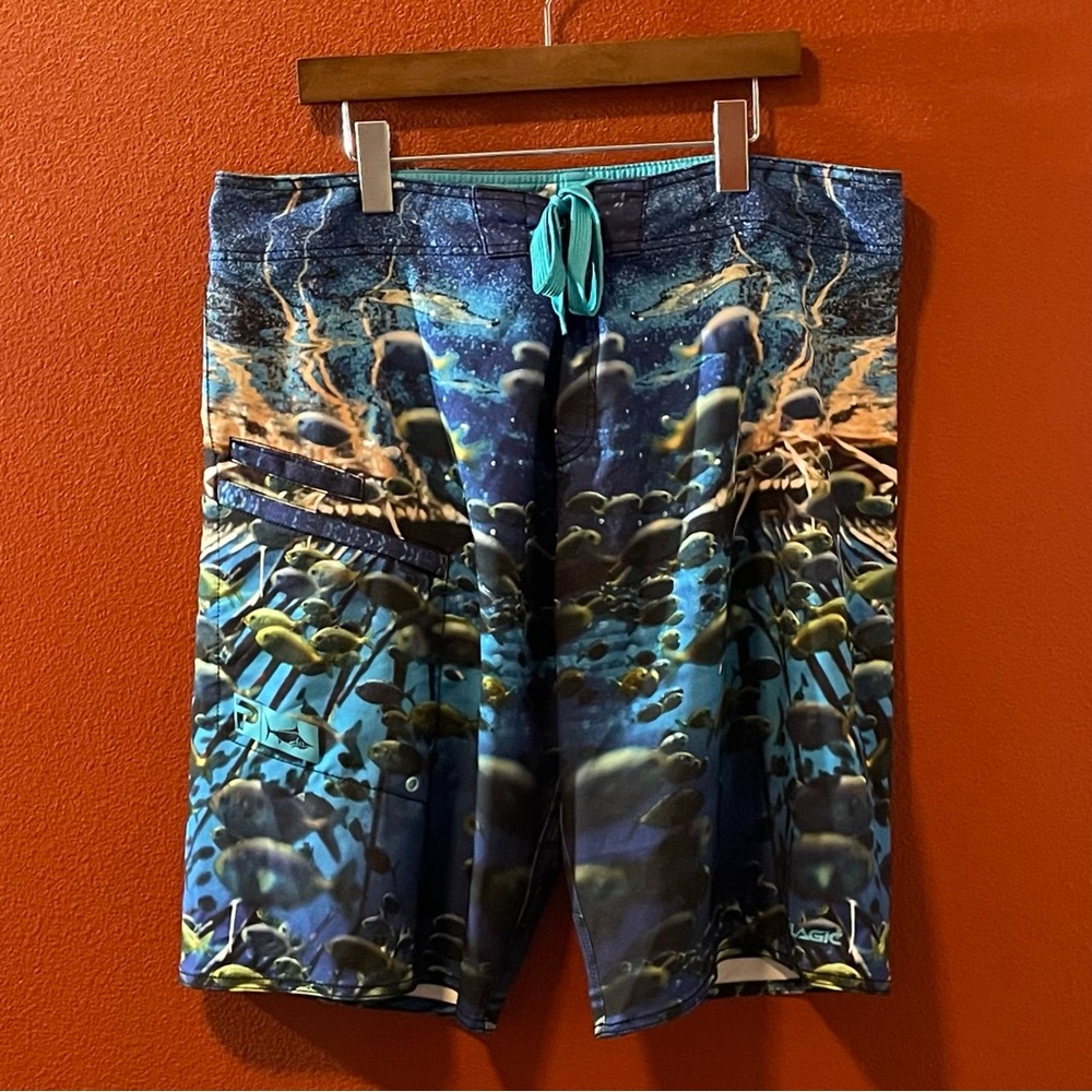 Pelagic Men’s Blue White Fish Camp All Over Print Unlined Swim Trunk Boardshorts